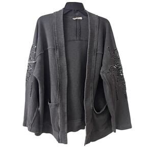 Lucky Brand Fleece Cutwork Cardigan Womens Size M/L Grey Open Cotton Jacket
